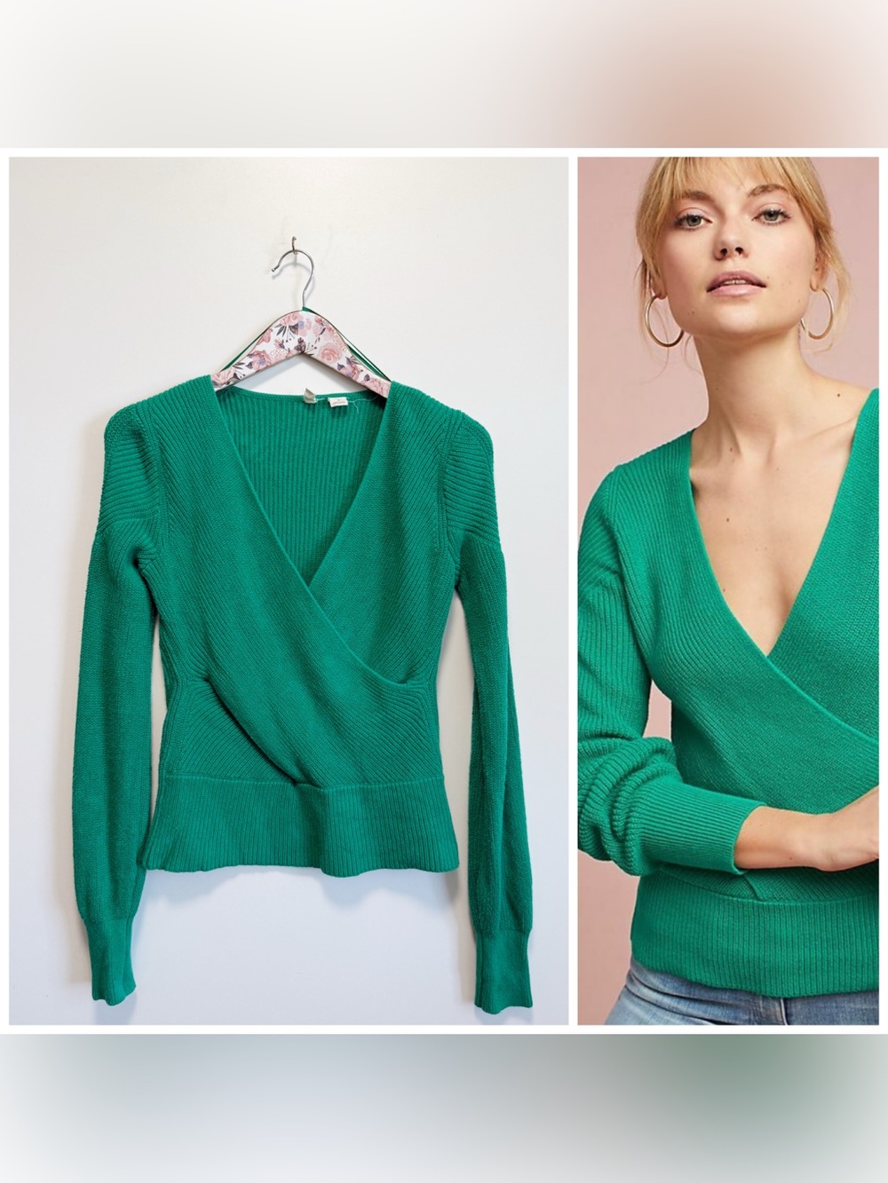 Anthropologie MOTH Liza Surplice Green Wrap V-Neck Sweater XS Knit